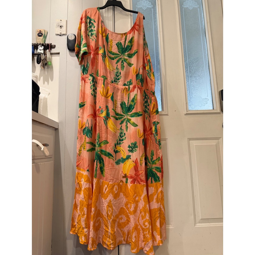 G by Giuliana Tropical Cold Shoulder Maxi Dress Peach Orange 3X High Low Hem